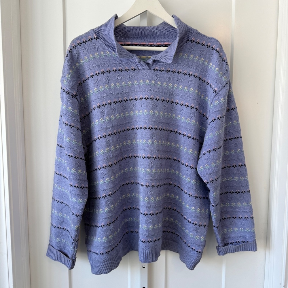 Vintage Pastel Purple Collared Fair Isle Floral Knit Sweater Women XL‎ Lavender